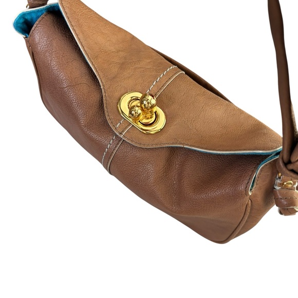 Tre Vero Brown Leather Shoulder Bag Gold Hardware Turquoise Lining 10x7 - Picture 6 of 12